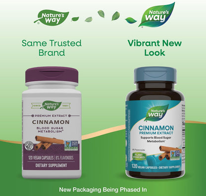 Nature's Way Cinnamon Premium Extract, 120 Vegan Capsules (2 Pack) – Standardised to 8% Flavonoids, Supports Normal Carbohydrate Metabolism, Non-GMO Project Verified, Gluten-Free