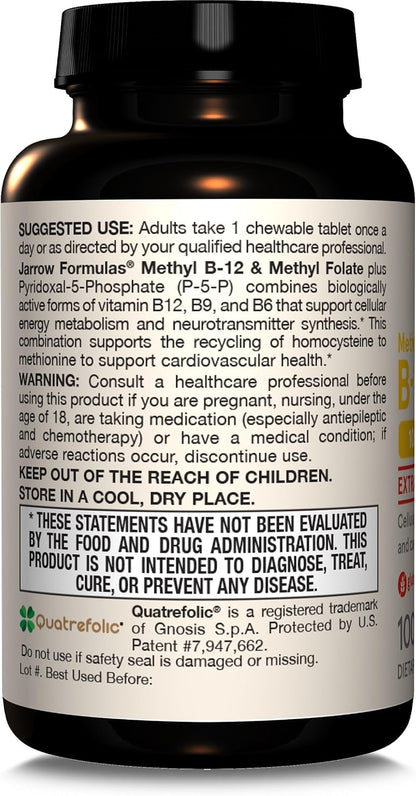 Jarrow Formulae Methyl B-12 1000mcg + Methyl Folate 400mcg, Extra Strength, with P-5-P, 100 Chewable Tabs (12-Pack)