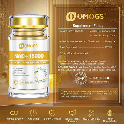 OMOGS NAD+ 300 mg + Trans-Resveratrol 200 mg – Pure NAD Supplement for Cellular Energy, DNA Repair & Healthy Ageing (60 Capsules)