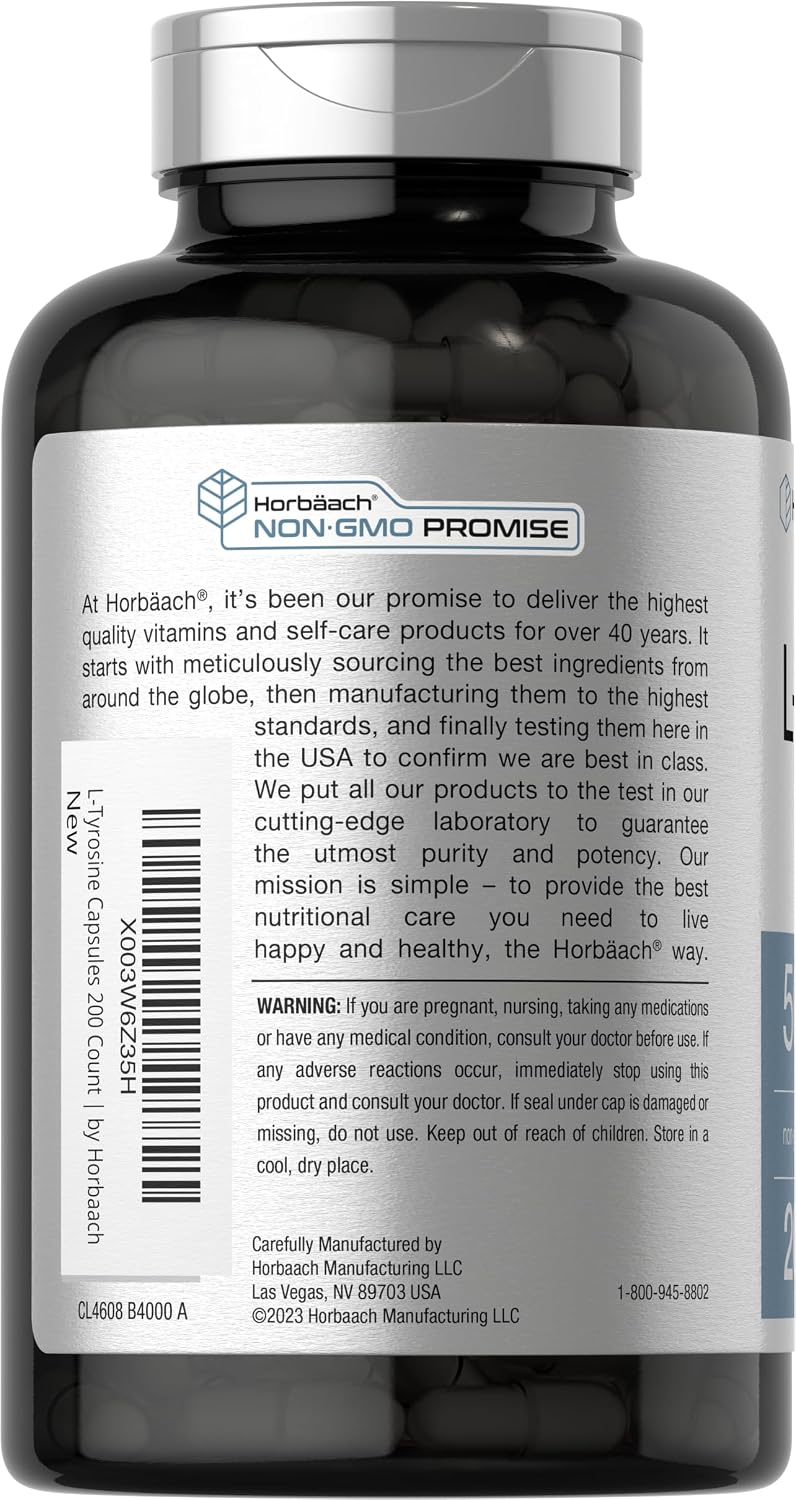 Horbaach L-Tyrosine 500mg – 200 Capsules – Amino Acid Supplement - görsel 3