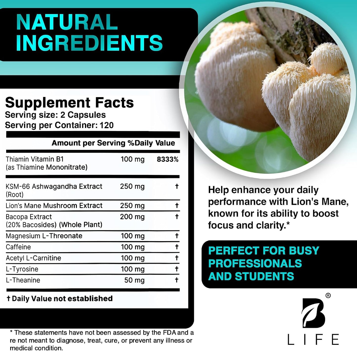 Lion’s Mane Mushroom Capsules – Memory, Focus & Clarity – Nootropic Brain Supplement with Ashwagandha, Thiamin (B1), Magnesium L-Threonate – Cognitive and Brain Support for Mental Energy, 240 Caps - görsel 5