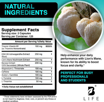 Lion’s Mane Mushroom Capsules – Memory, Focus & Clarity – Nootropic Brain Supplement with Ashwagandha, Thiamin (B1), Magnesium L-Threonate – Cognitive and Brain Support for Mental Energy, 240 Caps