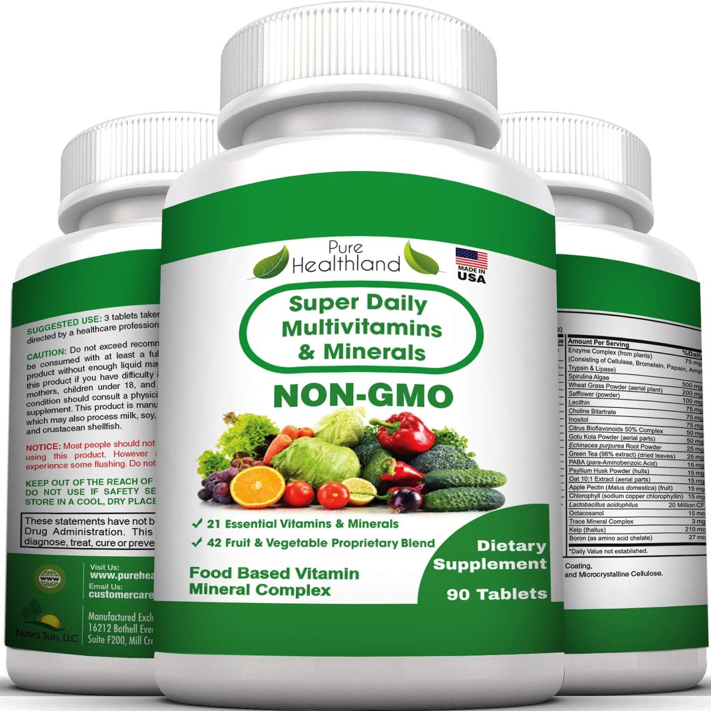 Pure Healthland Non-GMO Super Daily Multivitamin for Adults – 42 Natural Fruits & Vegetables Blend with 21 Essential Vitamins & Minerals – Vegan Coating Tablets, 90 Count, Made in USA - görsel 4