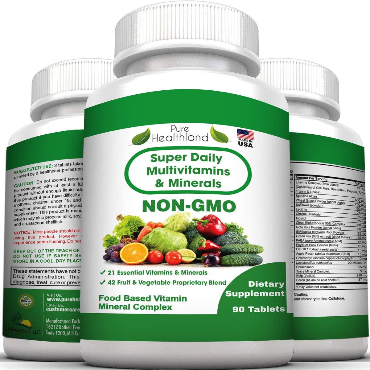 Pure Healthland Non-GMO Super Daily Multivitamin for Adults – 42 Natural Fruits & Vegetables Blend with 21 Essential Vitamins & Minerals – Vegan Coating Tablets, 90 Count, Made in USA - görsel 4