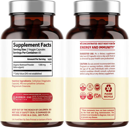 N1N Premium Organic Beetroot Capsules 1300mg - 120 Veg Caps - Non-GM & Gluten-free