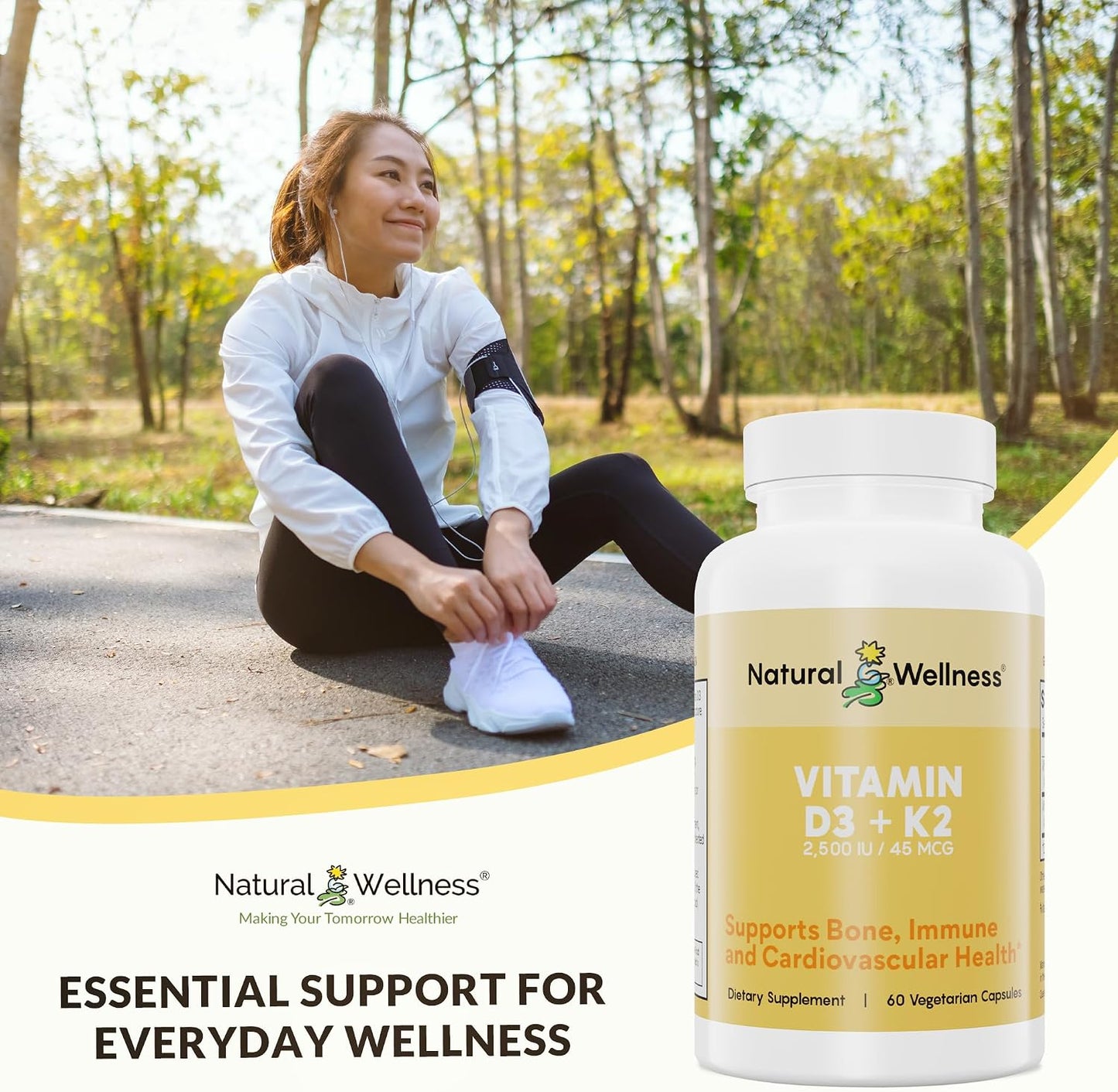 Natural Wellness Vitamin D3 + K2 – High Potency Vitamin D3 2500 IU & K2 MK-7 45 mcg – Supports Bone Strength, Heart Health, Immunity & Metabolism - Vegetarian Supplement - görsel 6
