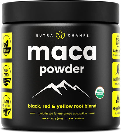 Organic Maca Powder - Peruvian Grown Maca Blend with Yellow, Black & Red Roots - Gelatinised for Superior Bioavailability - Natural, Vegan & Non-GM, 227g