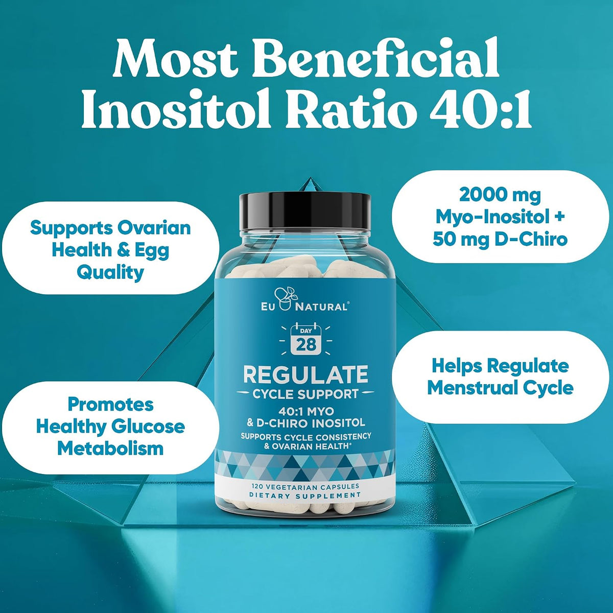 Regulate Cycle Support - Hormone Balance with Optimal 40:1 Myo-Inositol & D-Chiro Inositol - 120 Vegan Capsules - görsel 3