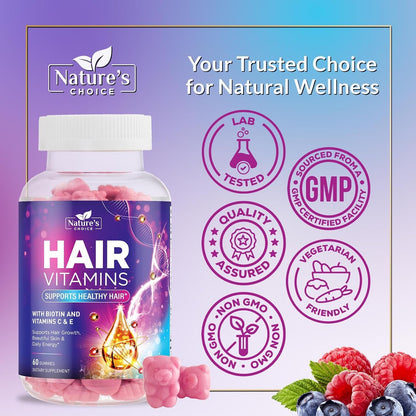 Nature's Choice Hair Support Gummies - 5000mcg Biotin with Vitamins E & C, Berry Flavour