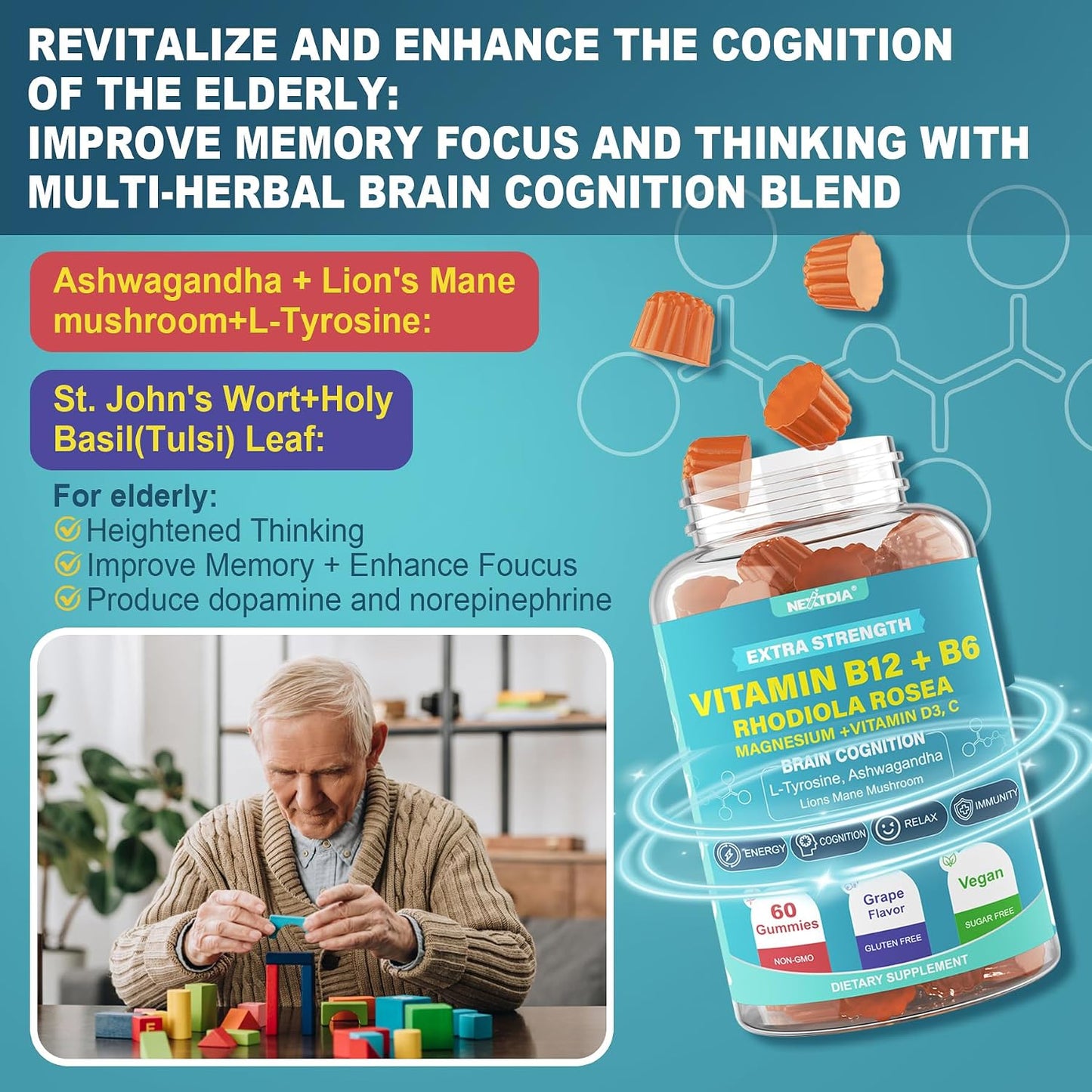 Focus Memory & Energy Gummies - L-Tyrosine + Methyl B12 1000 µg, B6 50mg, D3 C, Lion's Mane Mushroom - Sugar Free - görsel 5