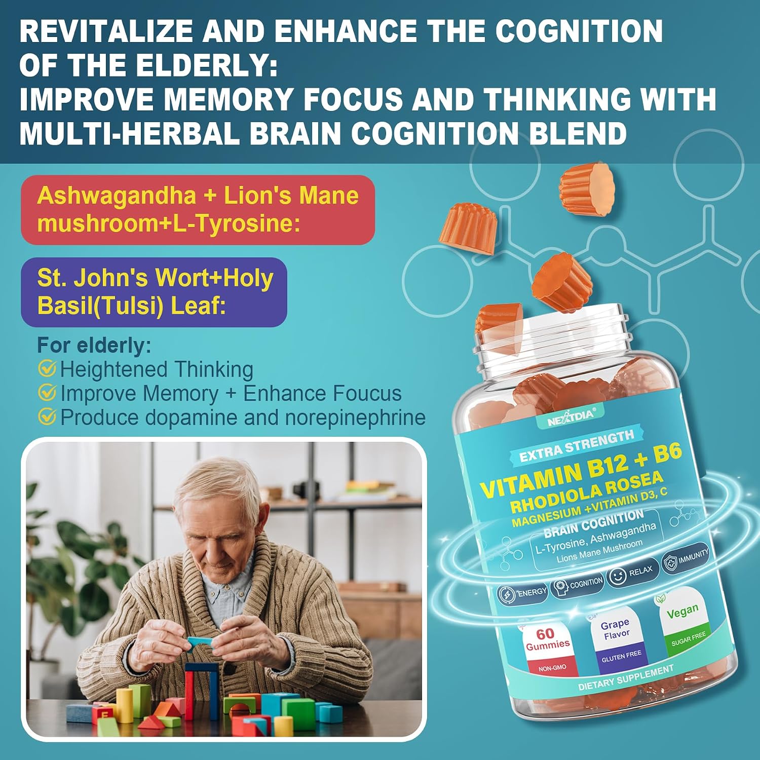 Focus Memory & Energy Gummies - L-Tyrosine + Methyl B12 1000 µg, B6 50mg, D3 C, Lion's Mane Mushroom - Sugar Free - görsel 5