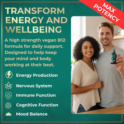Vegan Vitamin B12 Liquid Drops - 5000 mcg Methylcobalamin - Energy, Memory & Mood Support - Sublingual Supplement - Natural Citrus Flavour - 2 fl oz