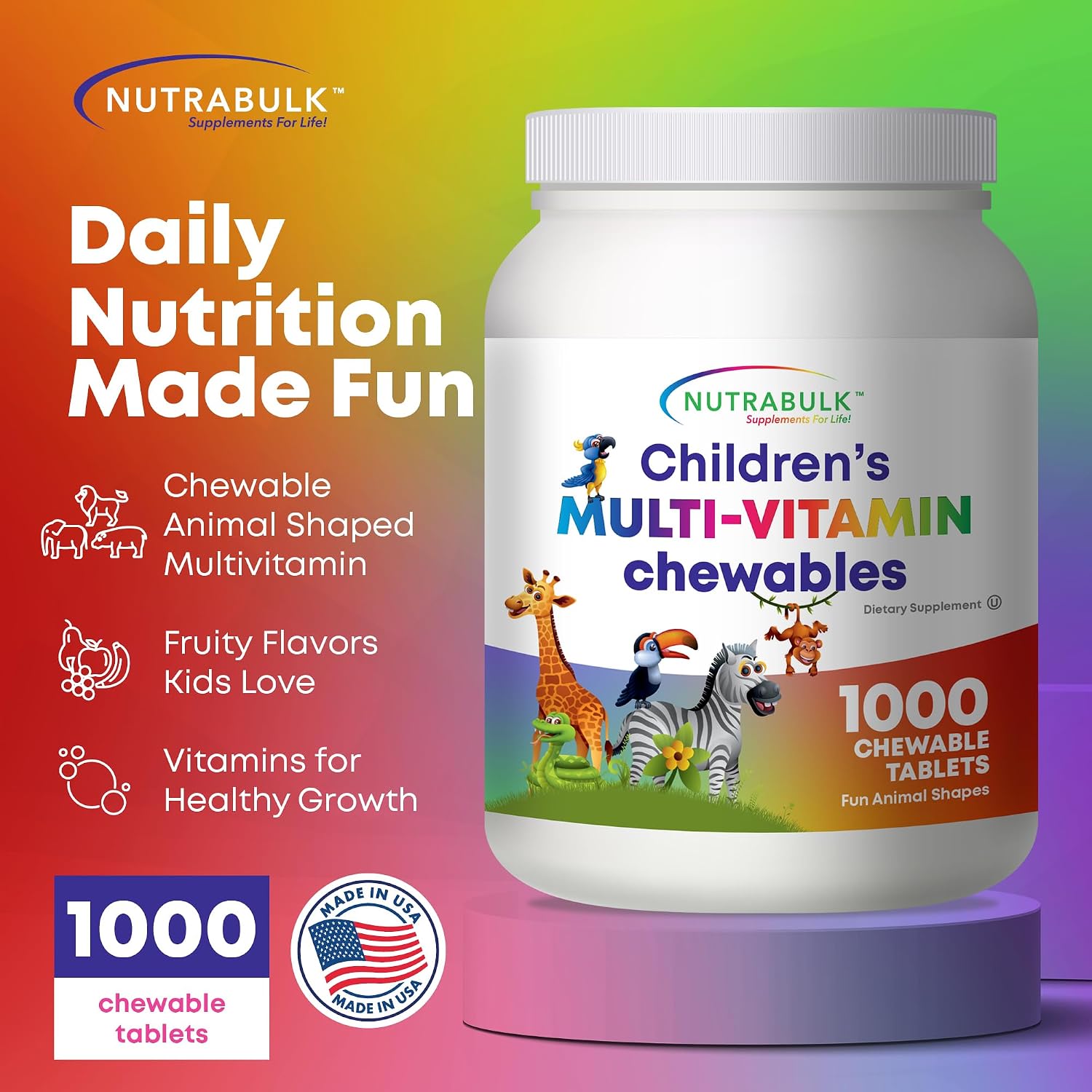 NutraBulk Children's Multivitamin – Chewable Animal Shapes & Fruity Flavours, No Artificial Colours, 1000 Tablets - görsel 2
