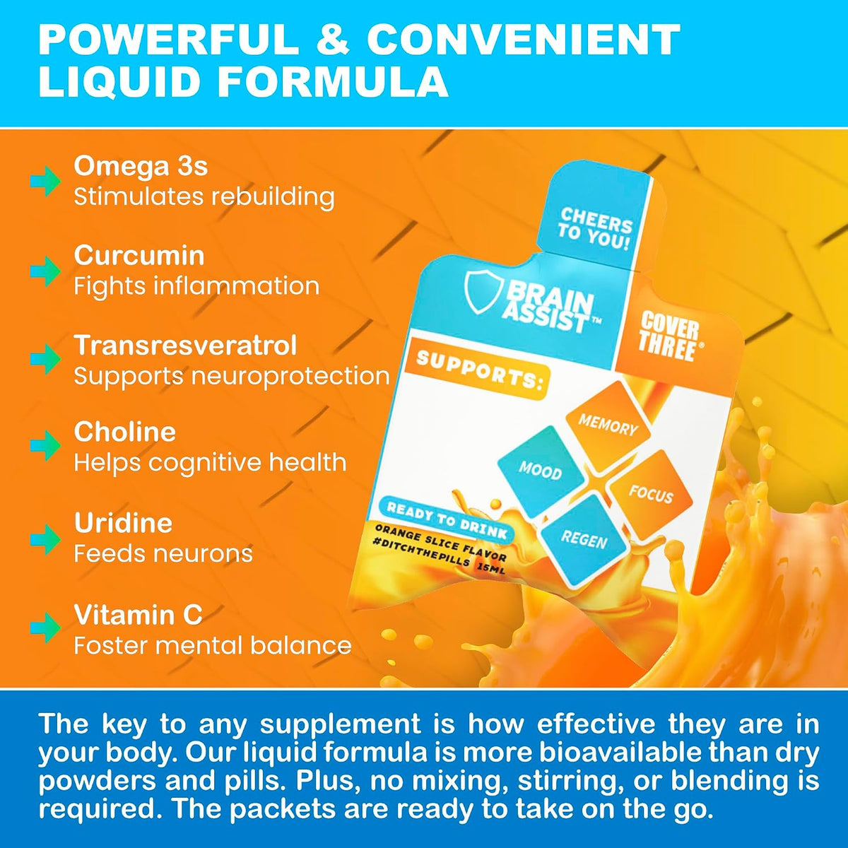 Cover Three Brain Assist Brain Supplement with Curcumin and Uridine - Liquid Focus Formula, Orange Slice Flavour - görsel 4