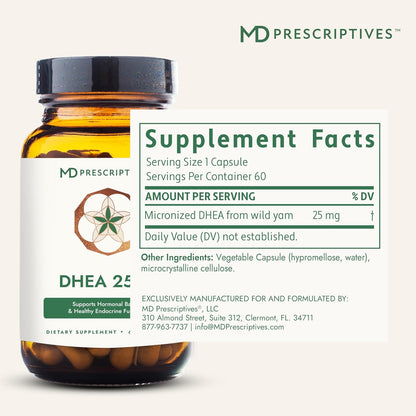 MD Prescriptives DHEA 25mg Food Supplement – Micronised from Natural Wild Yam – Supports Bone Health and Hormone Balance – 60 Capsules