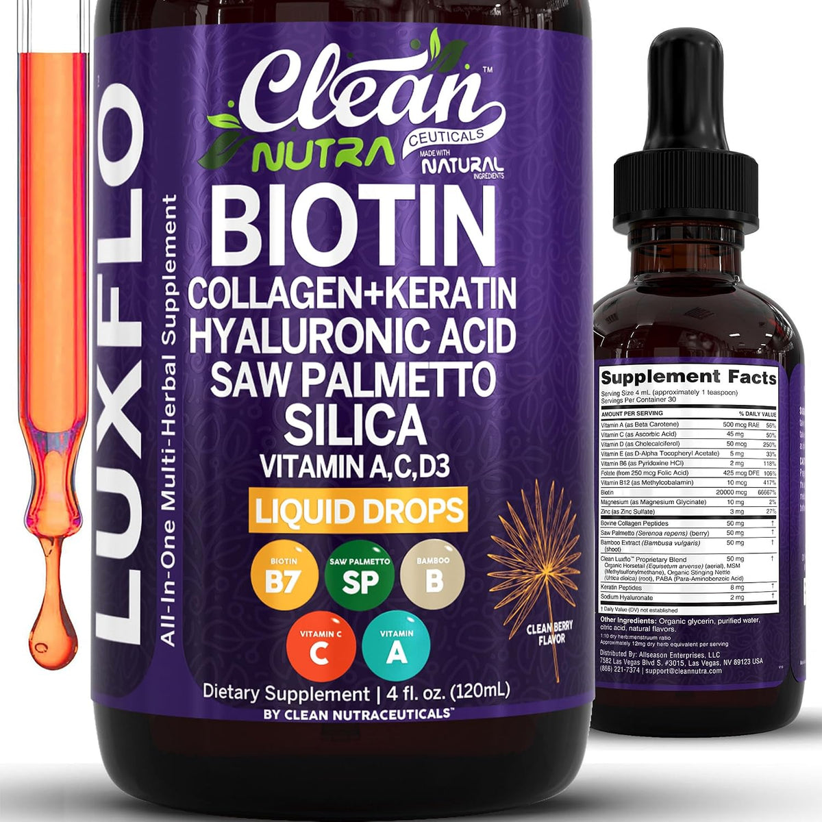 LuxFlo Liquid Hair, Skin & Nails Drops – Biotin, Collagen & Hyaluronic Acid - görsel 1