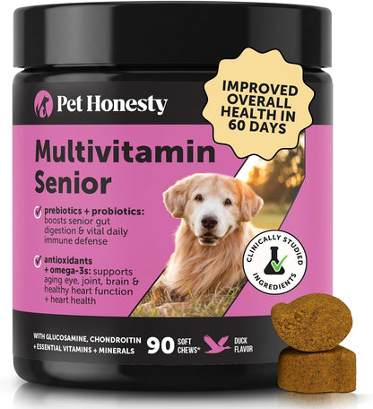 Pet Honesty Senior Dog Multivitamin for Ageing Dogs - Joint, Digestive, Skin Support - Duck, 90 Chews