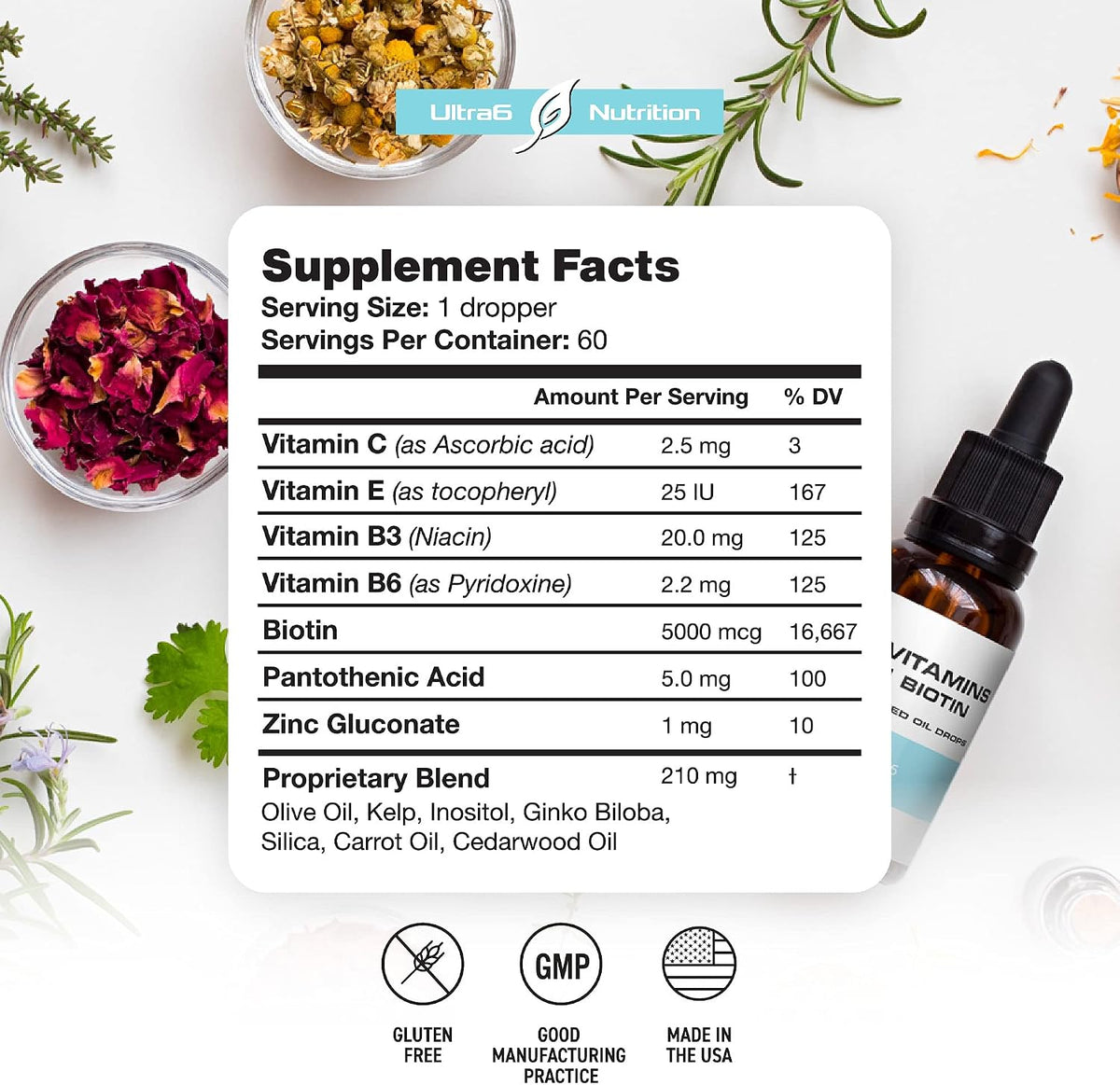 Ultra6 Nutrition Liquid Biotin with Hair Vitamins - Vitamin C, E, B6 & Organic Coconut Oil - Liquid Biotin for Hair, Skin and Nails and Immune Support - görsel 3