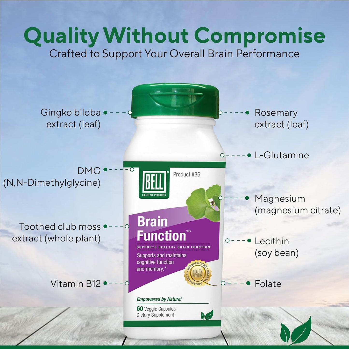 Bell Brain Function Lifestyle – Cognitive Health Support with Ginkgo, Vitamin B12, Folate (60 Vegetarian Capsules) - görsel 4