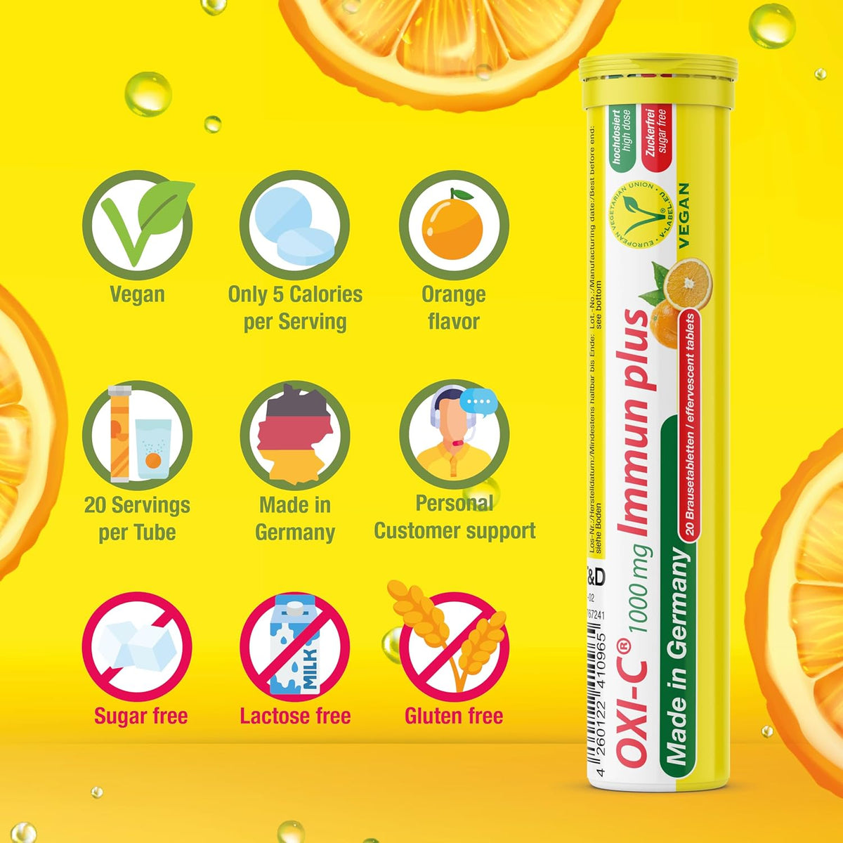 T&D Oxi C 1000 mg Vitamin C - 40 Vegan Drink Effervescent Tablets - Orange Flavour - Made in Germany - görsel 5