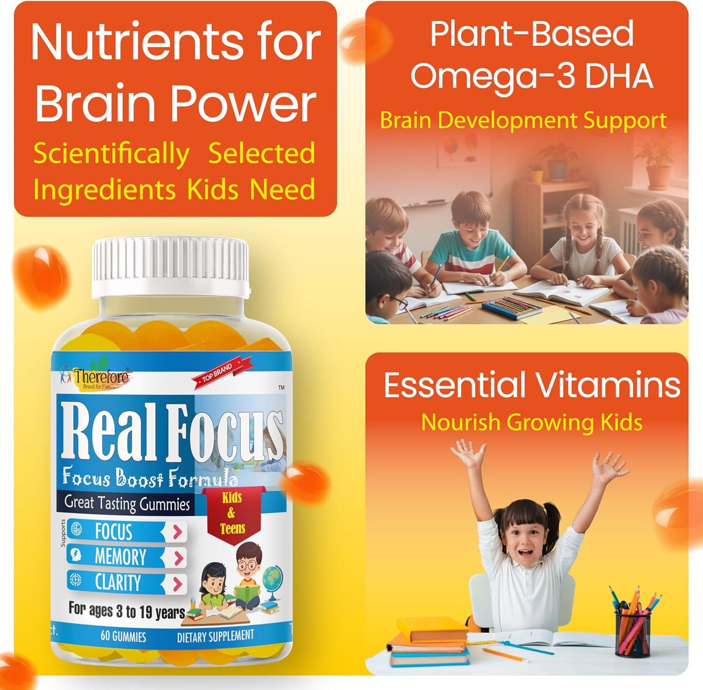 Real Focus Omega 3 for Kids – DHA Gummies for Attention, Memory & Concentration, Orange Flavour, Non-GMO (60 Count) - görsel 5