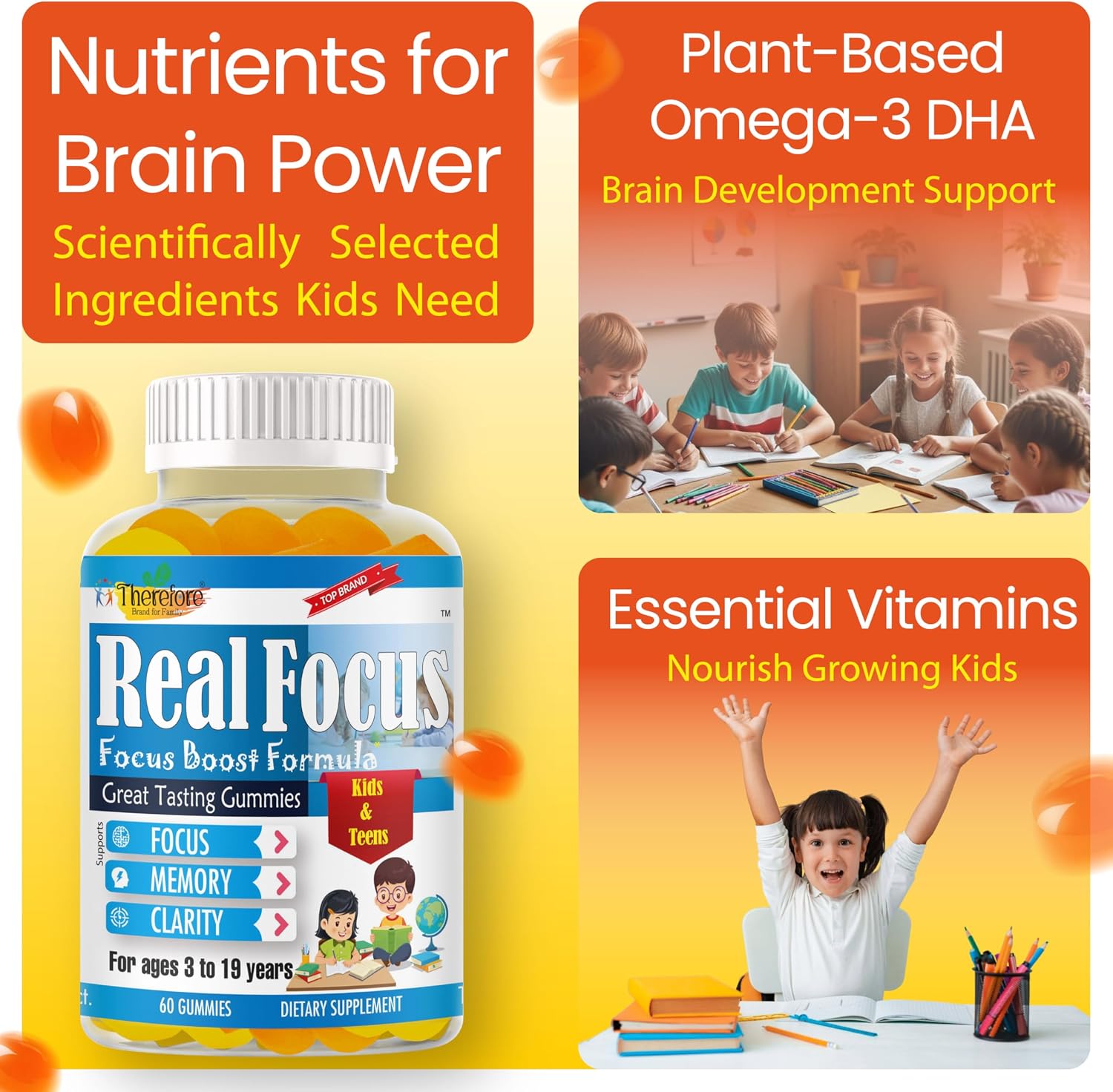 Real Focus Omega 3 for Kids – DHA Gummies for Attention, Memory & Concentration, Orange Flavour, Non-GMO (60 Count) - görsel 5