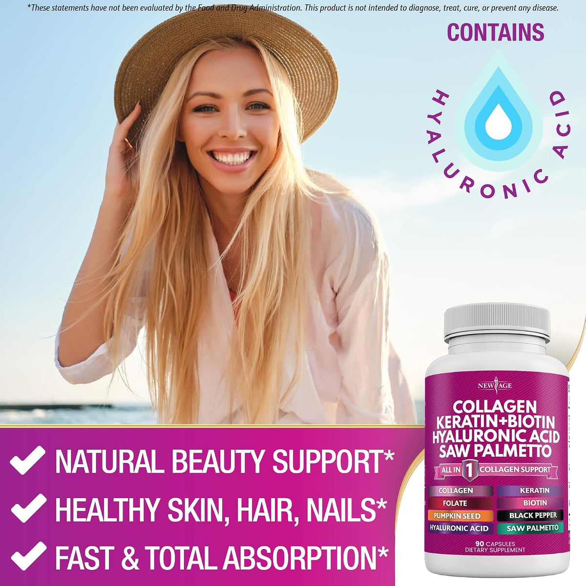 NEW AGE Collagen Pills with Biotin, Keratin, Saw Palmetto, Hyaluronic Acid – Hair, Skin and Nails Supplement – 90 Count - görsel 5