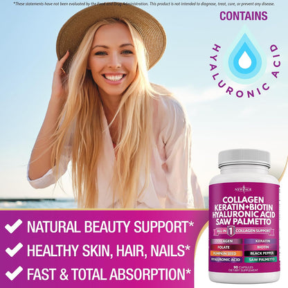 NEW AGE Collagen Pills with Biotin, Keratin, Saw Palmetto, Hyaluronic Acid – Hair, Skin and Nails Supplement – 90 Count