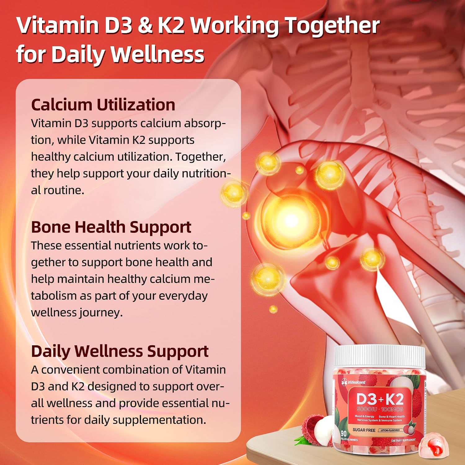 Vitamin D3 K2 Gummies - Sugar Free, Vegan, 5000 IU D3 + 100 mcg MK-7, Lychee Flavour, 90 Count - görsel 3