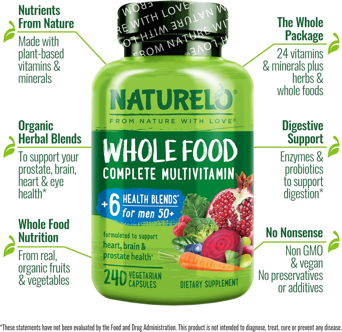 NATURELO Whole Food Multivitamin for Men 50+ | Vegan | 240 Capsules - görsel 2