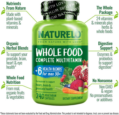NATURELO Whole Food Multivitamin for Men 50+ | Vegan | 240 Capsules