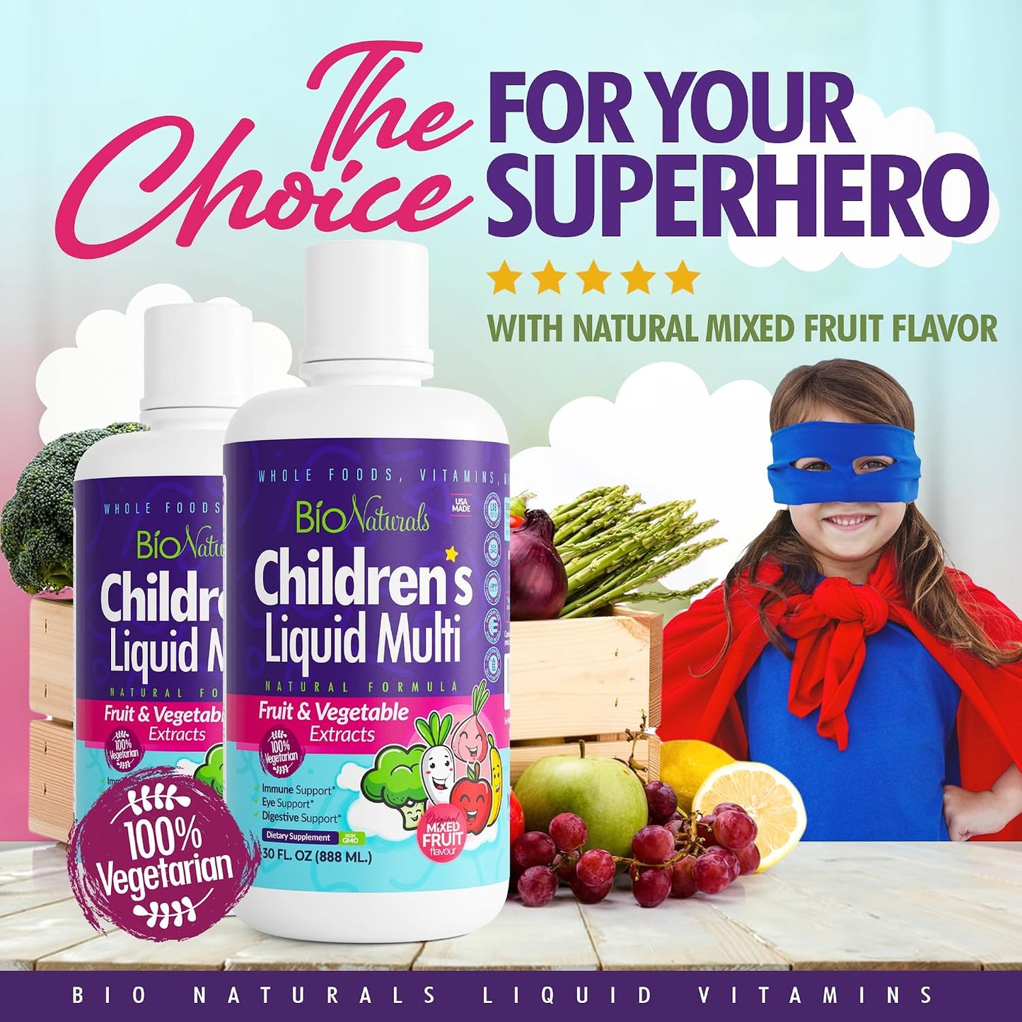 Bio Naturals Children's Liquid Multivitamin & Immune Booster - Natural Supplement for Kids & Toddlers with Vitamins A, B, C, D3, E, Fibre, Fruits & Vegetables - No Gluten, Sugar, Dairy, Soya - 30 oz - görsel 5