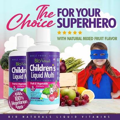 Bio Naturals Children's Liquid Multivitamin & Immune Booster - Natural Supplement for Kids & Toddlers with Vitamins A, B, C, D3, E, Fibre, Fruits & Vegetables - No Gluten, Sugar, Dairy, Soya - 30 oz