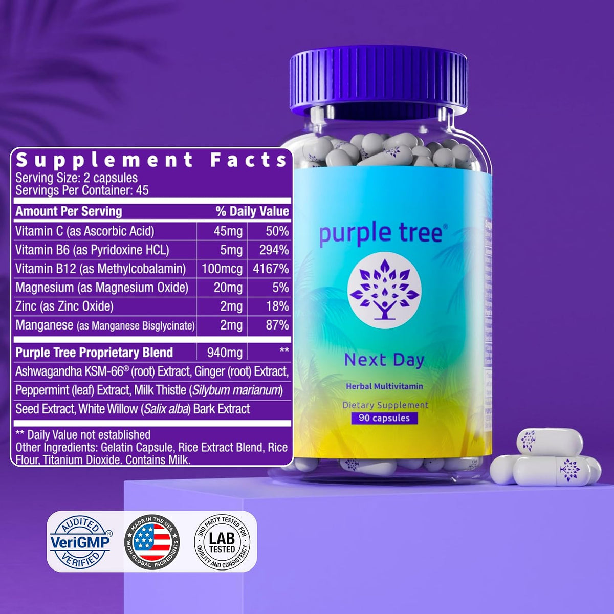 Purple Tree Next Day – Morning Post-Drink Wellness Supplement | Ashwagandha KSM-66, Milk Thistle, Ginger, Peppermint, Electrolytes & Vitamins | 90 Capsules - görsel 6