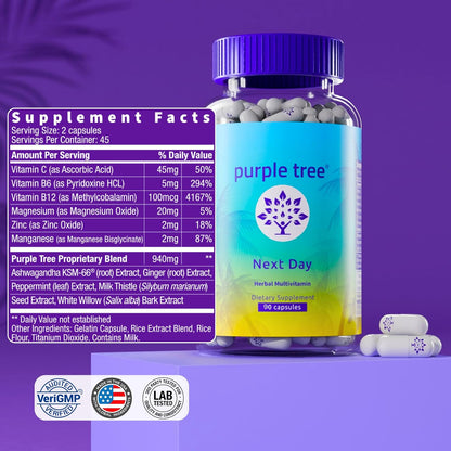 Purple Tree Next Day – Morning Post-Drink Wellness Supplement | Ashwagandha KSM-66, Milk Thistle, Ginger, Peppermint, Electrolytes & Vitamins | 90 Capsules