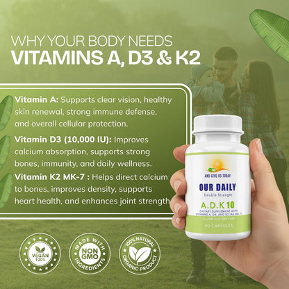 Daily Vites ADK 10 Vitamin Food Supplement: High Potency A, D3, K2-MK7 – 180 Capsules