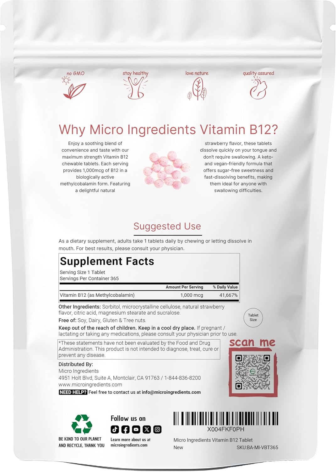 Micro Ingredients Vitamin B12 1,000 mcg Methylcobalamin – 365 Chewable Tablets, Fast Dissolve, Strawberry Flavour - görsel 2