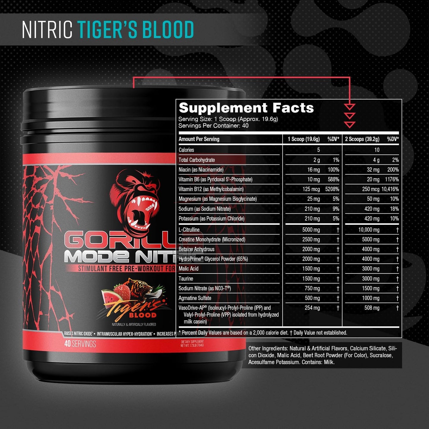 Gorilla Mode Nitric - Stimulant-Free Pre-Workout (Tigers Blood, 784g) - görsel 2