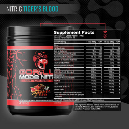 Gorilla Mode Nitric - Stimulant-Free Pre-Workout (Tigers Blood, 784g)