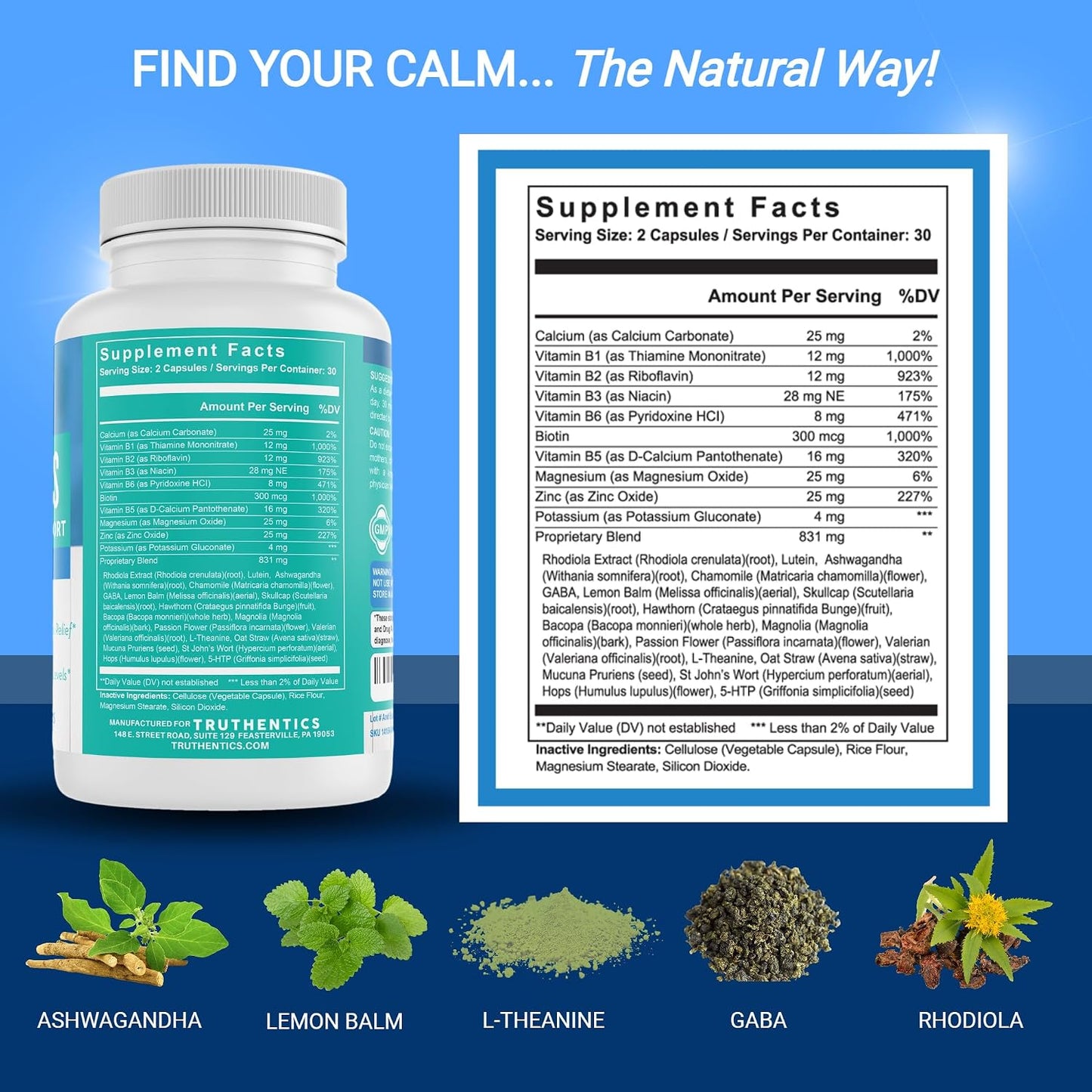 TRUTHENTICS Bye-Bye Stress - Stress & Mood Support Supplement for Women with Ashwagandha, GABA, Lemon Balm, L-Theanine & Vitamin B Complex - Vegan - 60 Capsules - görsel 2