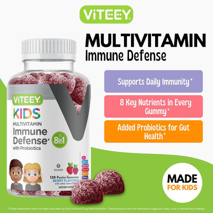 Viteey Kids Multivitamin Gummies with Probiotics - 8-in-1 Immune Support for Kids - Berry Flavoured - 120 Gummies