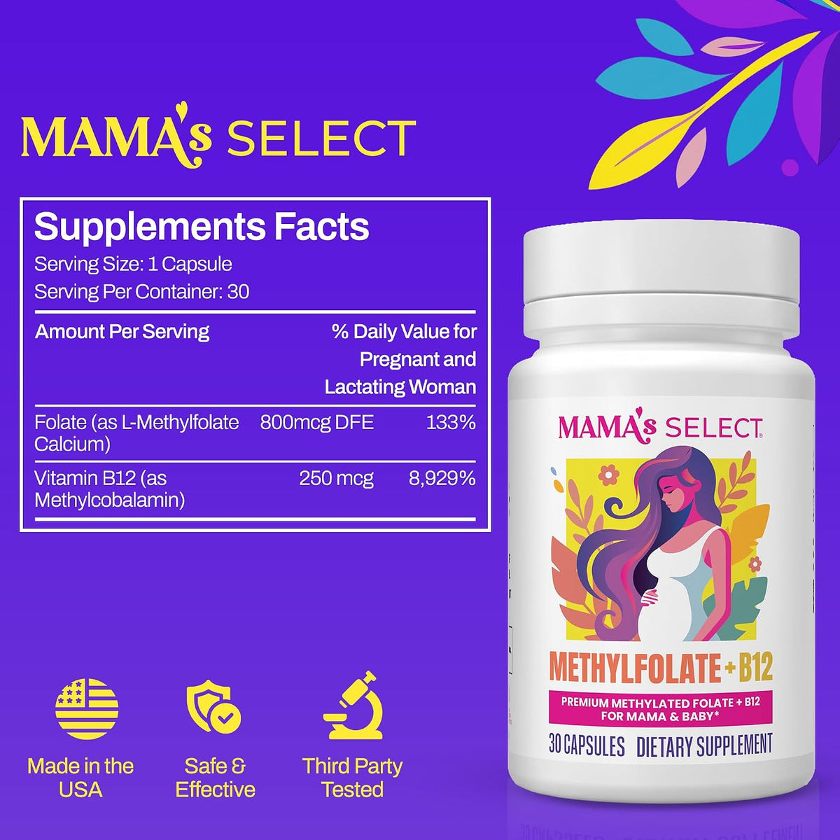 Mama's Select Methylfolate + B12 for Pregnancy & Breastfeeding – 5-MTHF Folate + Methylcobalamin – Supports Baby's Normal Growth – MTHFR Friendly – Vegan – 30 Capsules - görsel 2