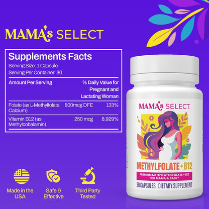 Mama's Select Methylfolate + B12 for Pregnancy & Breastfeeding – 5-MTHF Folate + Methylcobalamin – Supports Baby's Normal Growth – MTHFR Friendly – Vegan – 30 Capsules