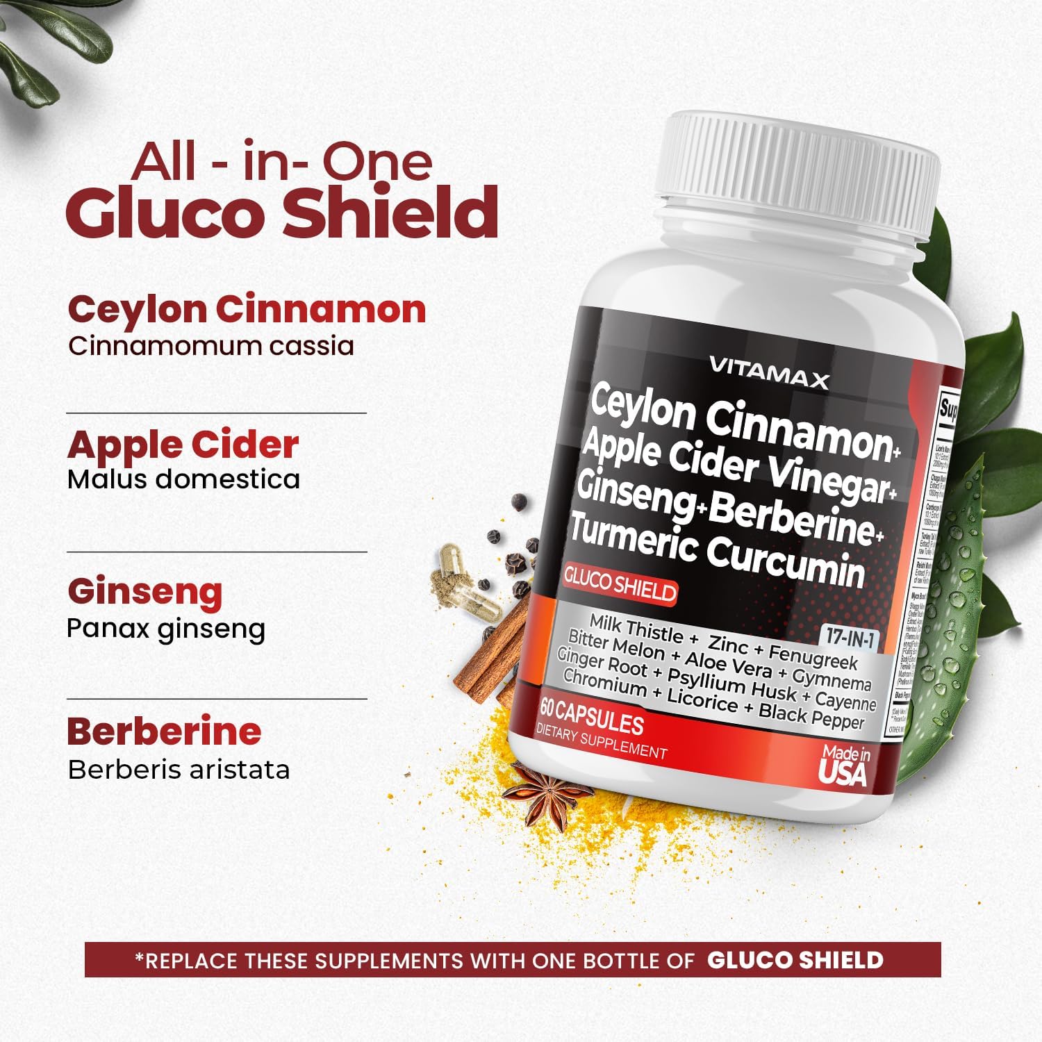Vitamax Gluco Health Support - 16-in-1 Herbal Blend with Ceylon Cinnamon, ACV, Turmeric - 60 Capsules - görsel 2