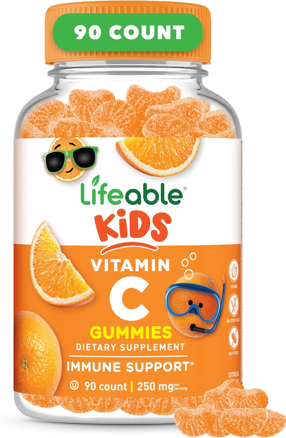 Lifeable Kids Vitamin C Gummies | 250mg | Vegan, Non-GMO, Great Tasting Orange | 90 Gummies - görsel 1