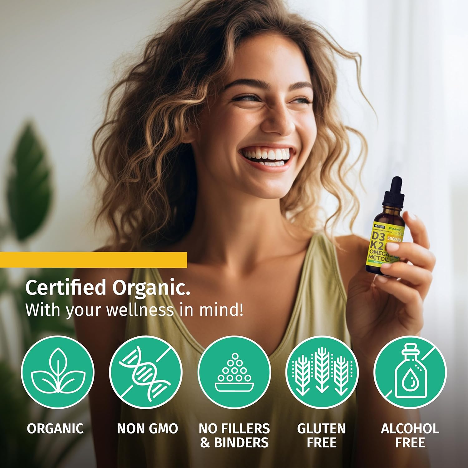 (2 Pack) Organic Vitamin D3 and K2 Drops with MCT Oil and Omega 3 - Liquid Vitamin D3 5000 IU - D3 K2 Supplement for Men and Women - No Fillers, Non-GMO, GMP, Pineapple Flavour (2 fl oz) - görsel 5