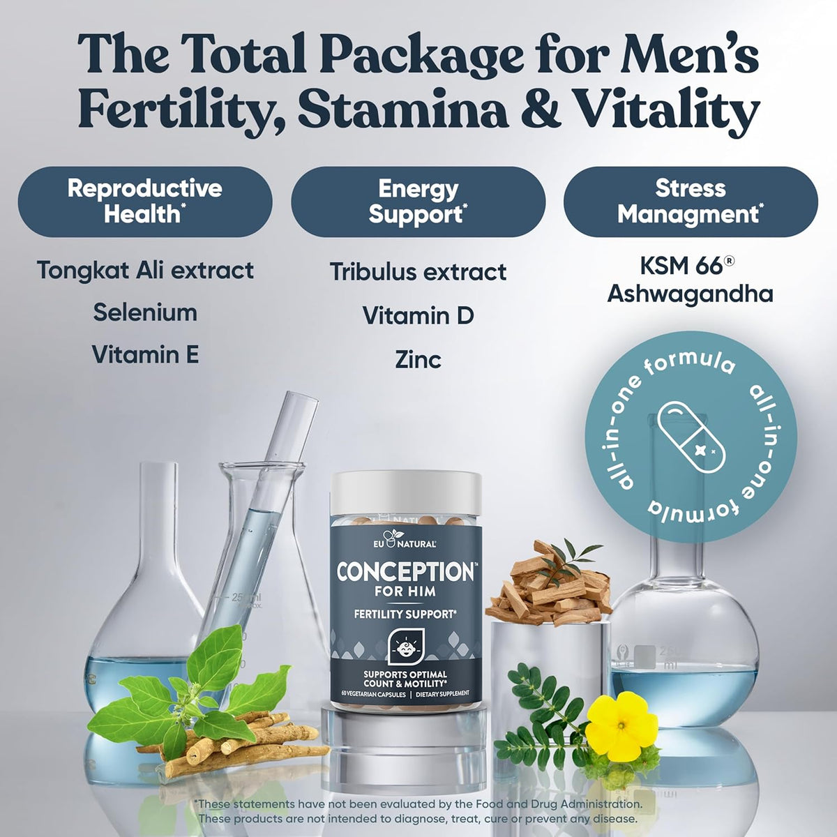 Eu Natural Conception for Him - Male Fertility Supplements with Ashwagandha, Folate & Zinc - Sperm Count, Motility & Strength Support - 60 Vegetarian Capsules - görsel 5