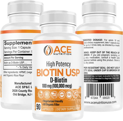 Ace Nutrition High Potency Biotin 100,000 mcg – D-Biotin USP, Vegetarian Capsules for Hair, Skin and Myelin Health – 90 Count