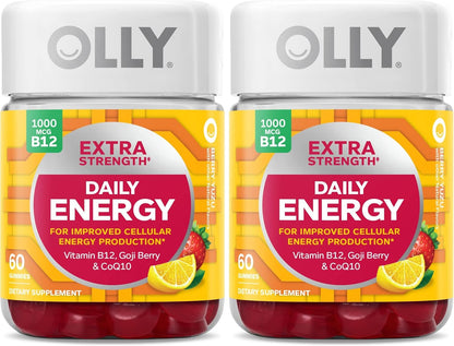 OLLY Extra Strength Daily Energy Gummies - Caffeine Free Cellular Energy Production, 1000 mcg Vitamin B12, CoQ10, Goji Berry, Berry Yuzu Flavoured, 60 Count (30 Day Supply)