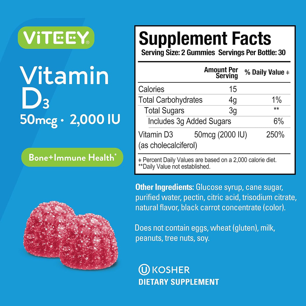 Viteey Vitamin D3 Gummies for Adults & Teens - 2,000 IU, 50mcg - Regular Strength - Chewable Vitamin D Gummies - Vegetarian, Gelatine Free - 120 Count - görsel 4